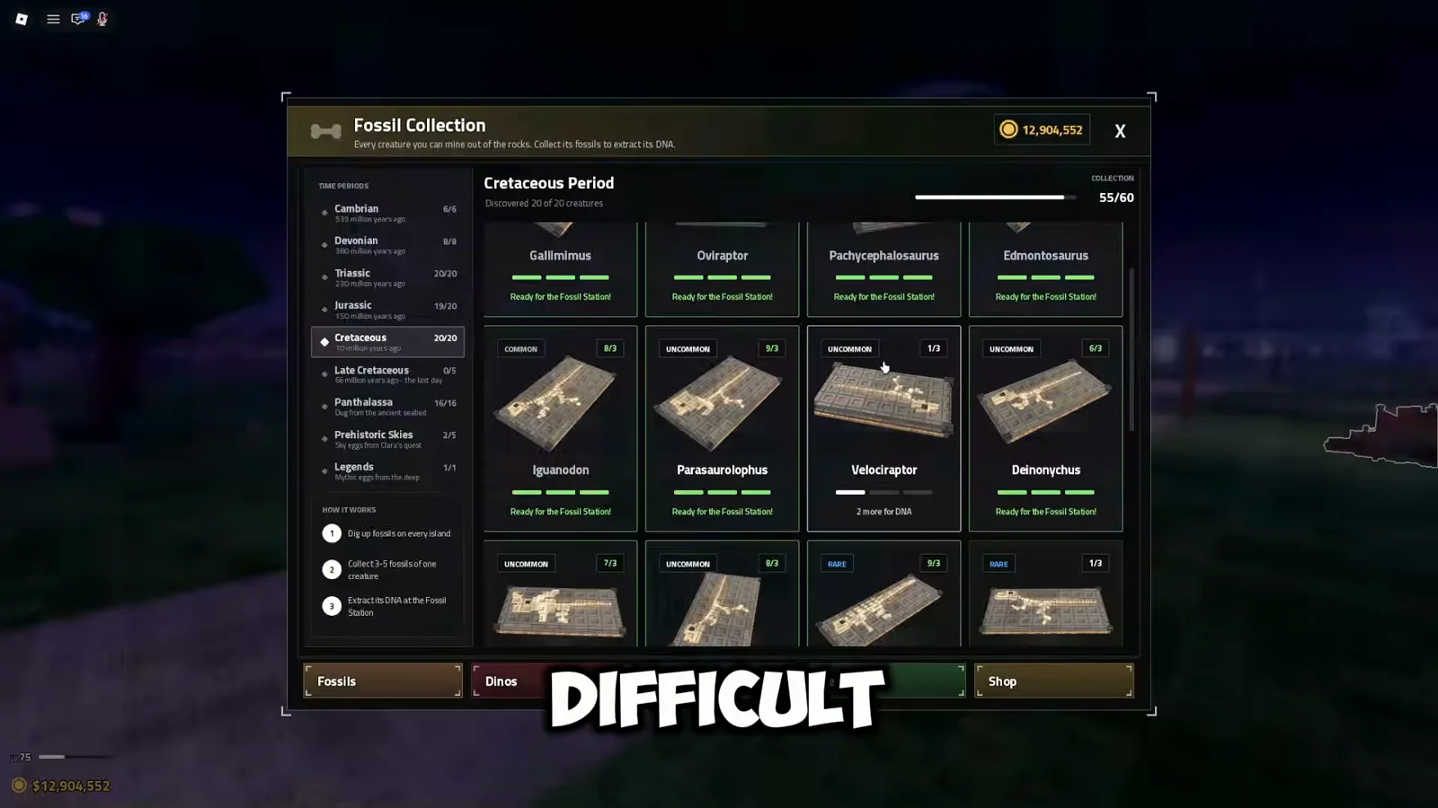 Twenty Cretaceous fossils to dig through Fossil Collection menu showing the full Cretaceous Period fossil list in Prehistoric Farm