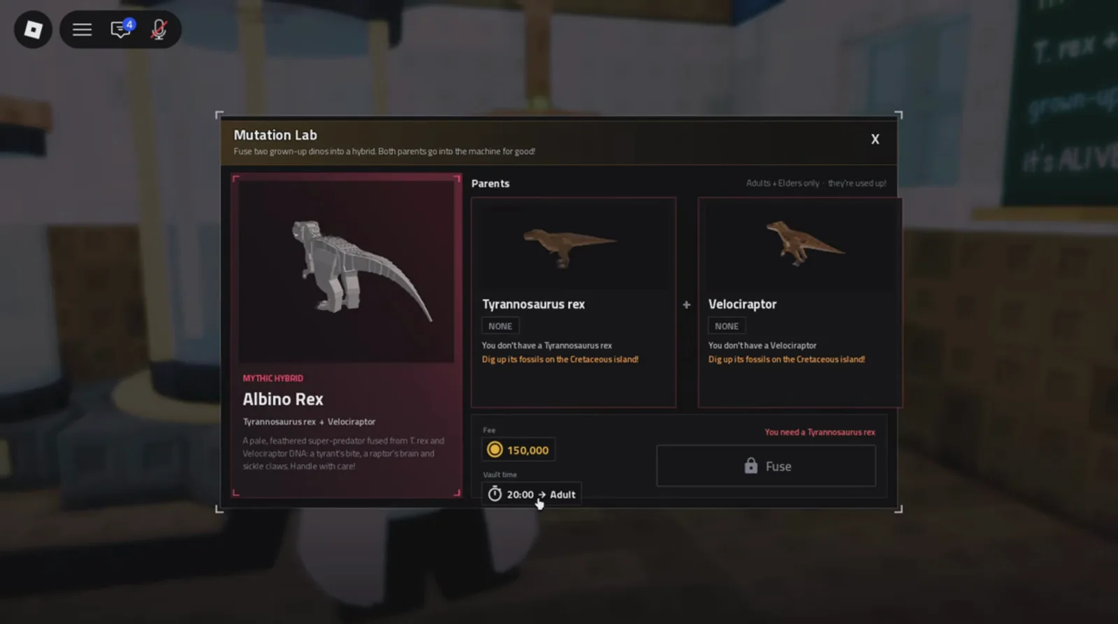 Two adults in, one Albino Rex out Mutation Lab recipe screen with Tyrannosaurus Rex and Velociraptor slots as Albino Rex ingredients in Prehistoric Farm