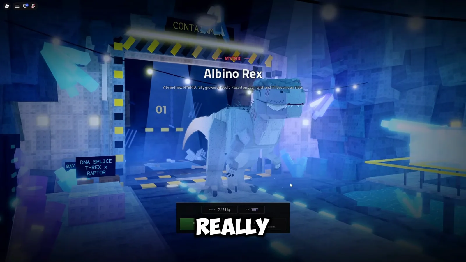 The chamber reveal, name tag included Newly merged Albino Rex in the lab chamber with its name tag overhead in Prehistoric Farm