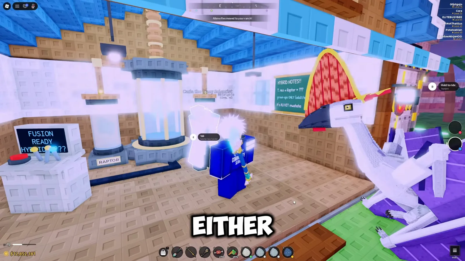 A tiny roll — still enormous Player beside a freshly merged Albino Rex showing its huge size inside the lab in Prehistoric Farm