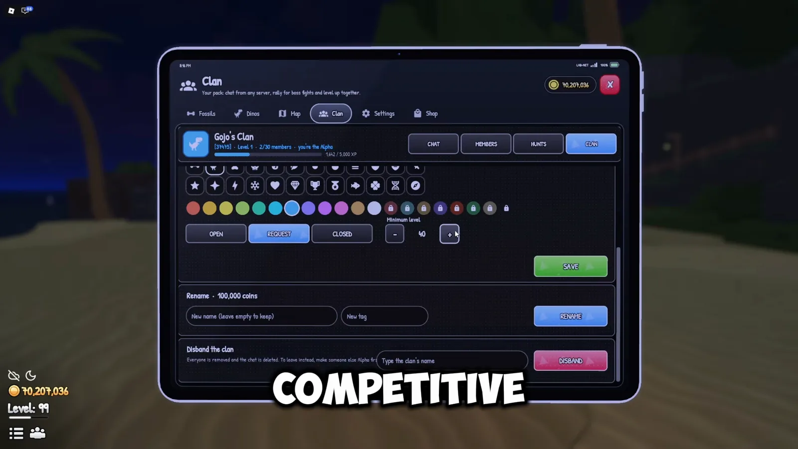 Clan identity settings, including the 100,000-coin rename fee Prehistoric Farm clan customization screen with symbol and color pickers, Open Request Closed status buttons, minimum level 40 and the Rename 100,000 coins price