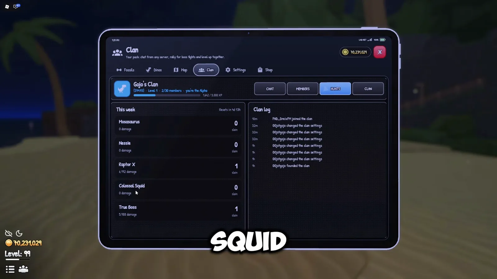 The weekly hunt board, with the unreleased Colossal Squid in the list Prehistoric Farm clan hunts list showing Mosasaurus, Nessie, Raptor X, the unreleased Colossal Squid and True Boss with weekly kill tracking