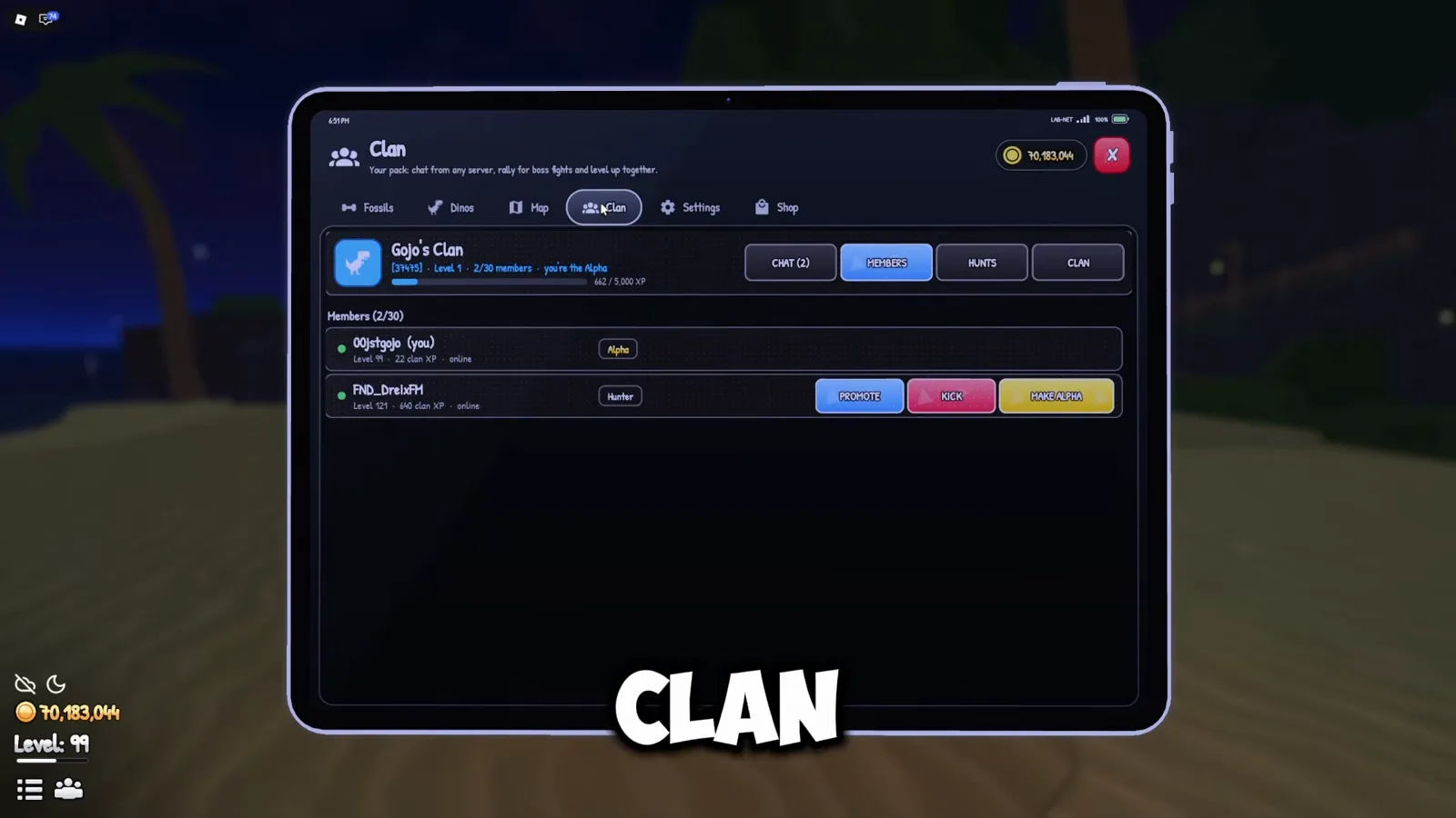 A freshly created clan: two members, roles and moderation buttons Prehistoric Farm clan menu showing Gojo’s Clan members list with Alpha and Hunter roles and the Promote, Kick and Make Alpha buttons