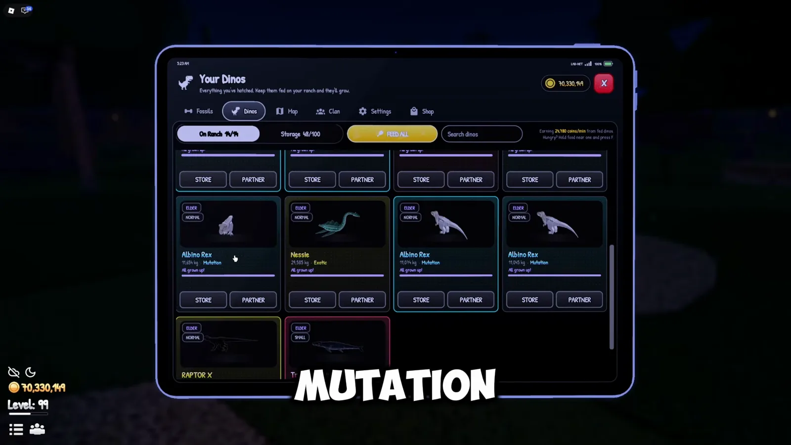 The relabelled tiers: Mutation, Exotic, Mythic and Common Your Dinos rarity labels in Prehistoric Farm showing Albino Rex as Mutation, Nessie as Exotic and True Argentinosaurus as Mythic