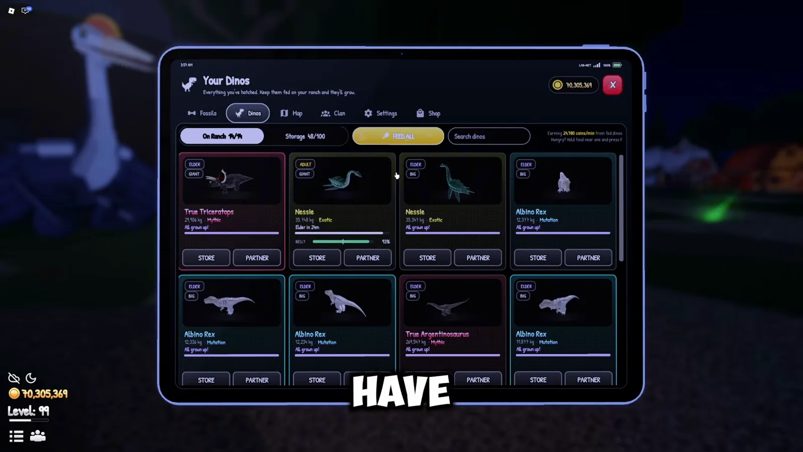 One button, every dinosaur fed Feed All button highlighted in the Your Dinos menu in Prehistoric Farm for feeding every dinosaur at once