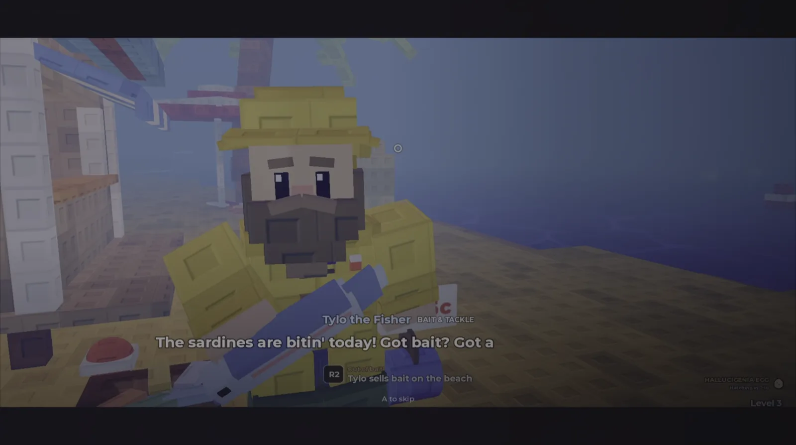 Tyler the Fisher NPC telling a player the sardines are biting at his home island stall in Prehistoric Farm