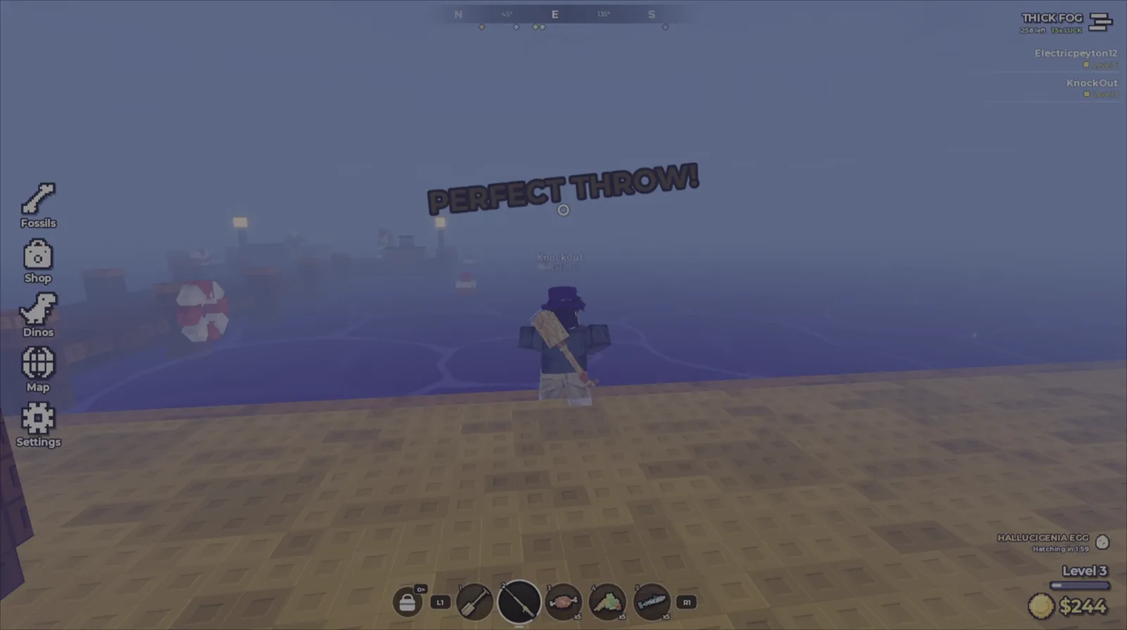 Perfect throw announcement during a fishing cast with a Hallucigenia egg hatching countdown visible in Prehistoric Farm