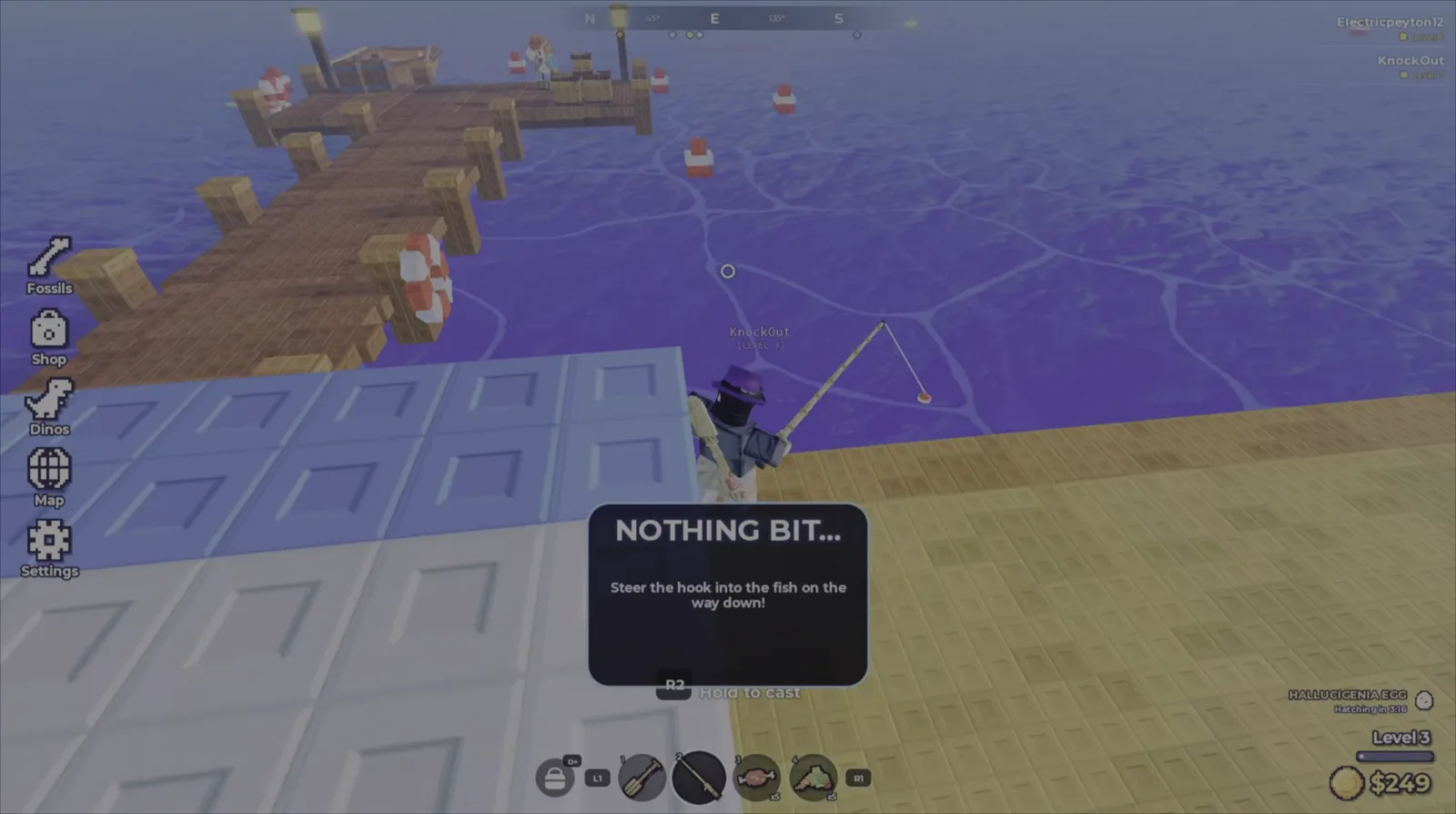 Nothing bit message after a missed fishing cast near the home island dock in Prehistoric Farm