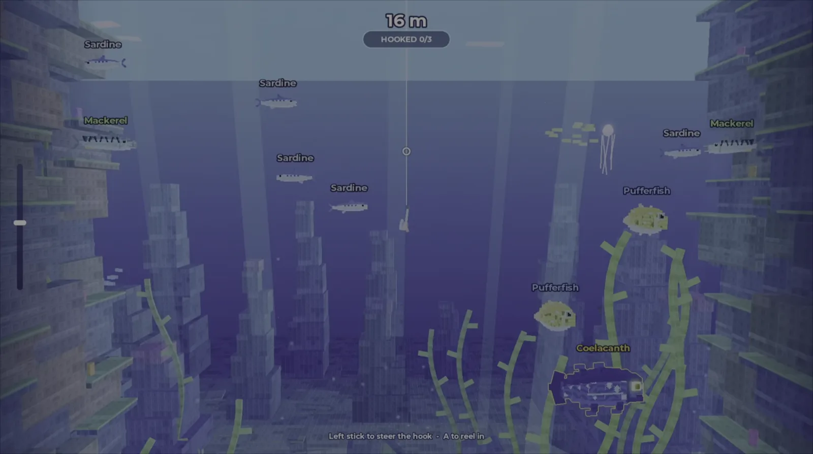 Underwater fishing camera 16 meters deep showing kelp and named fish labels in Prehistoric Farm