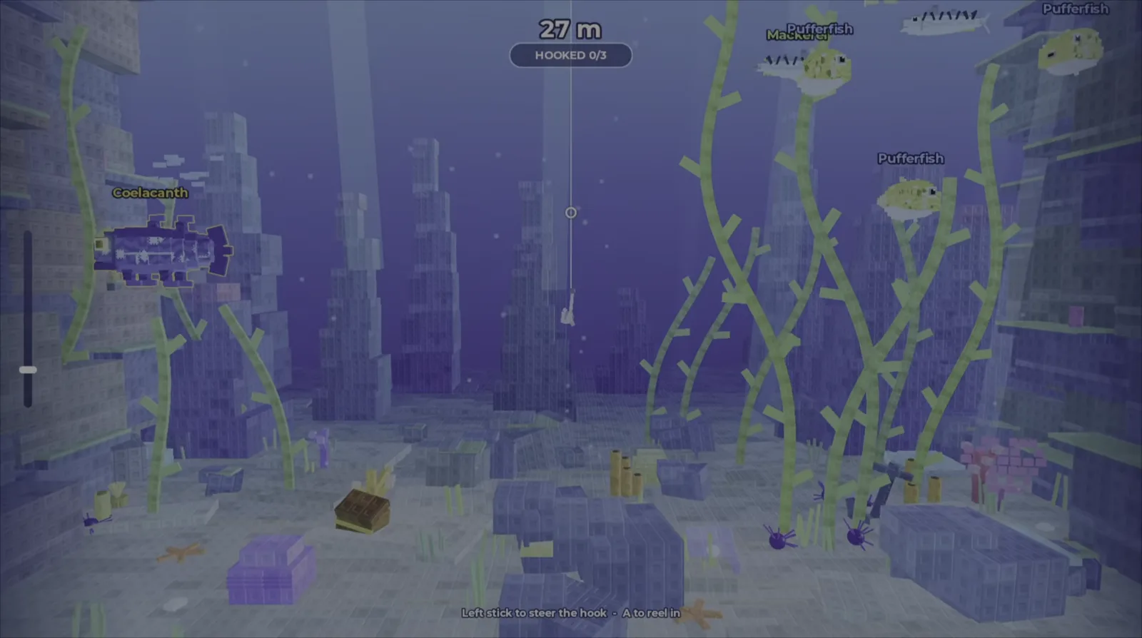 Fishing hook sinking past a coelacanth and a treasure chest 27 meters deep in Prehistoric Farm