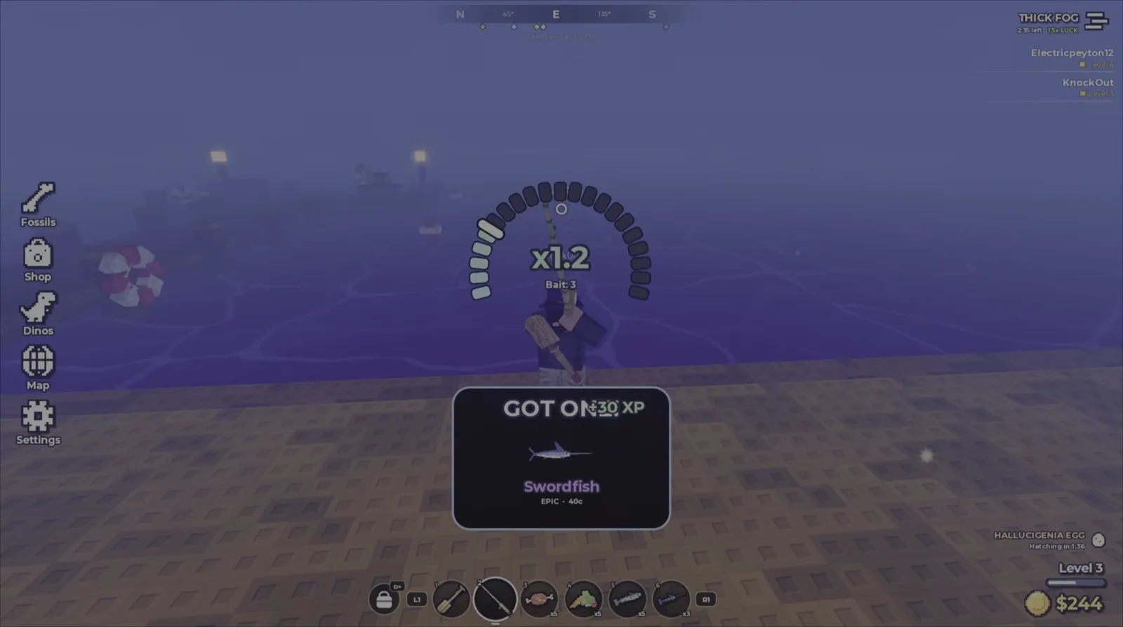 Reel meter at x1.2 multiplier during a swordfish catch with the GOT ON card in Prehistoric Farm