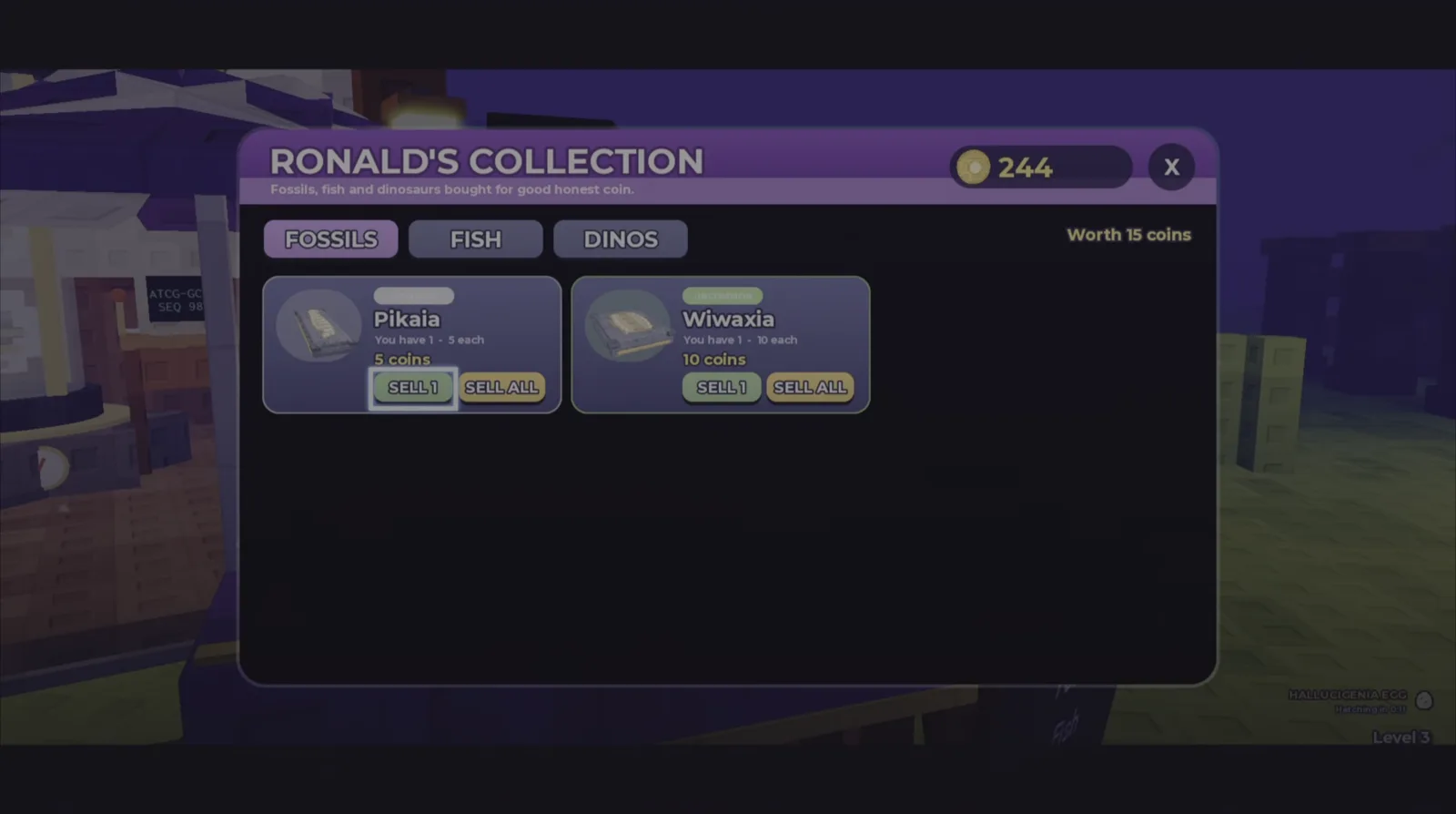 Ronald’s Collection menu open on the Fossils tab showing a haul worth 16 coins in Prehistoric Farm