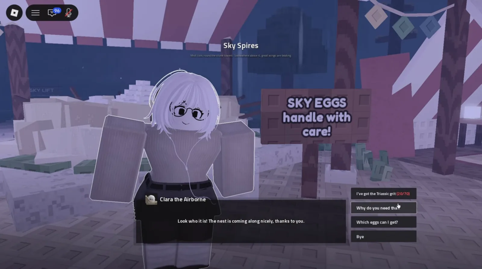 Clara's stand — every egg run starts here Clara the Adventurer dialog at her Sky Eggs stand in Prehistoric Farm with her dialog options open during a Sky Egg run