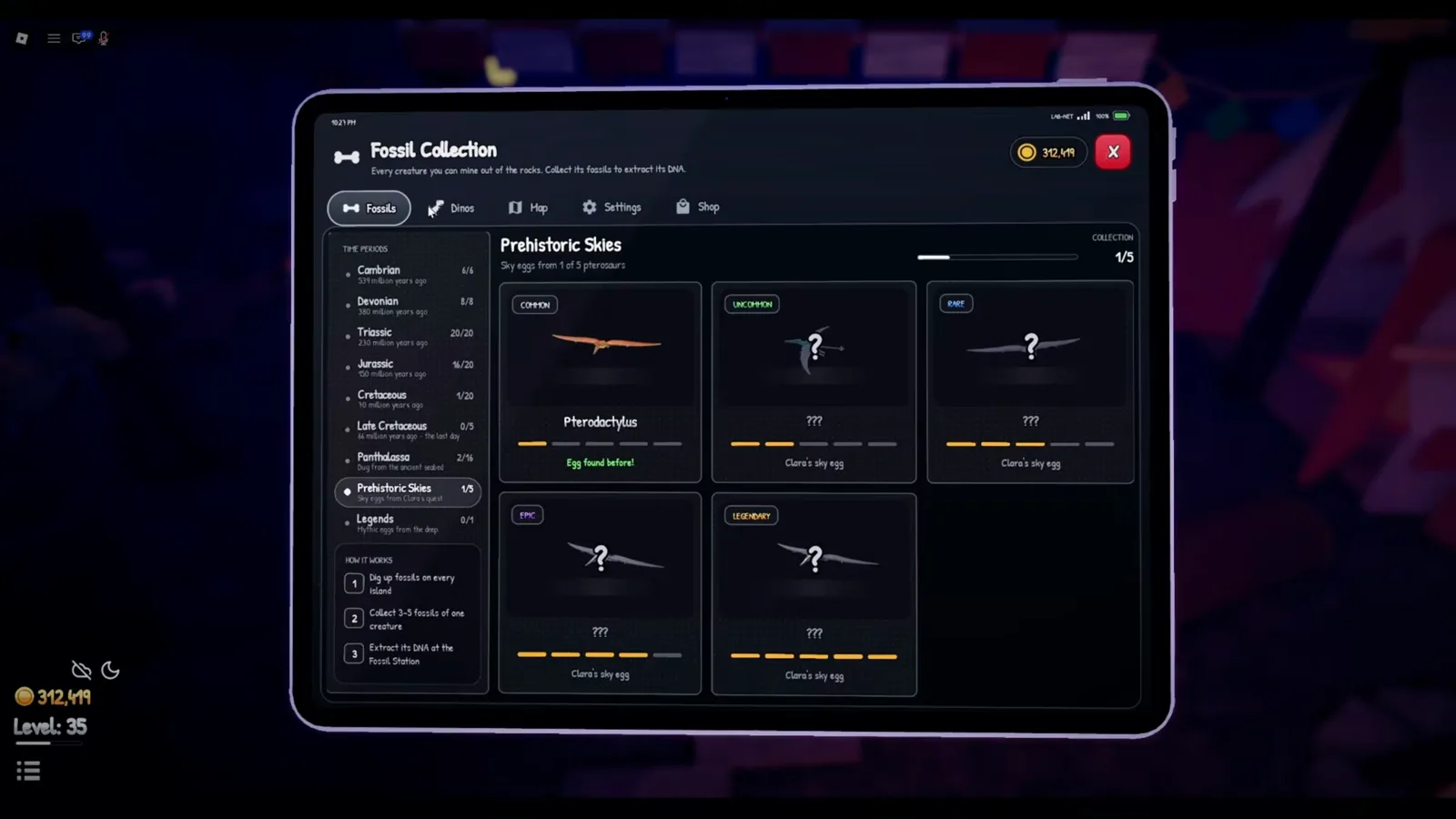 The five-flyer collection Fossil Collection menu in Prehistoric Farm showing all five Prehistoric Skies flyers with the orange Pteranodon unlocked and four mystery silhouettes locked