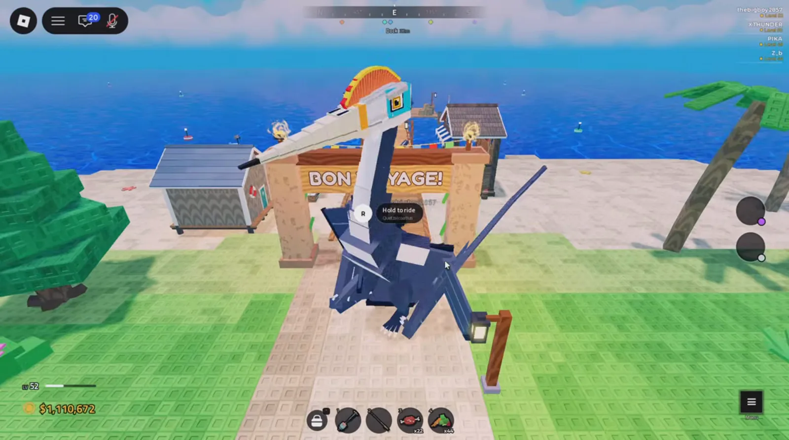 The 5% legendary flyer Prehistoric Farm best flyer, the dark-blue legendary pterosaur standing under the Bon Voyage dock arch with its Hold to ride prompt showing
