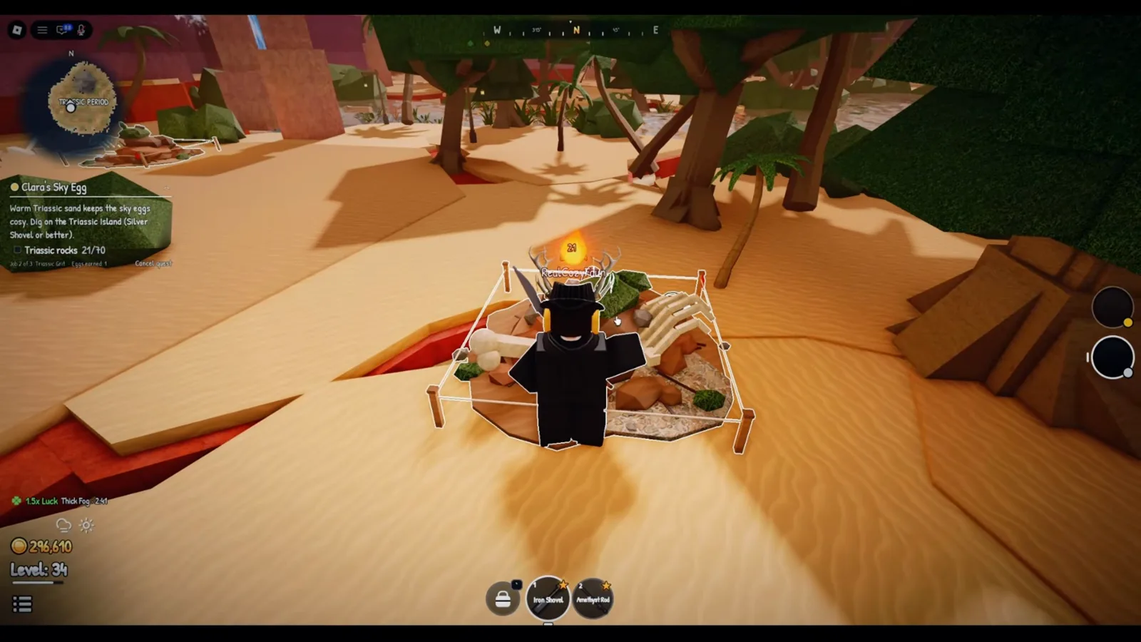 A dino pile mid-dig Player digging a dino pile bone site on Triassic Island in Prehistoric Farm while the Sky Egg quest tracker counts the progress