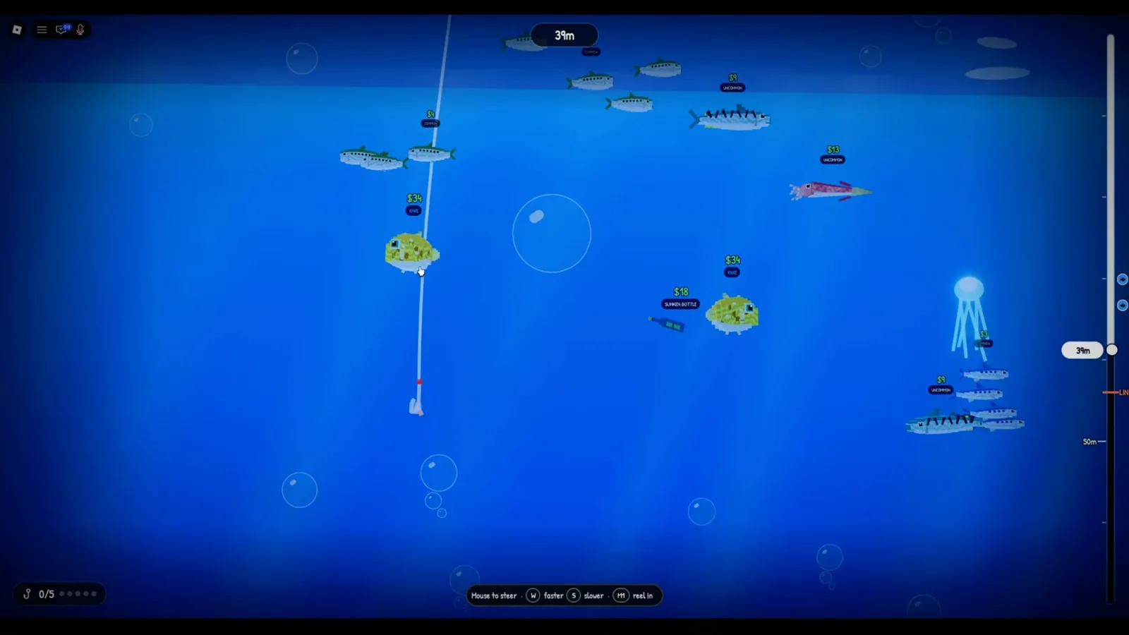 The fish stage, underwater Underwater fishing view in Prehistoric Farm showing the sinking hook among the green urchin fish during Clara’s Sky Egg quest