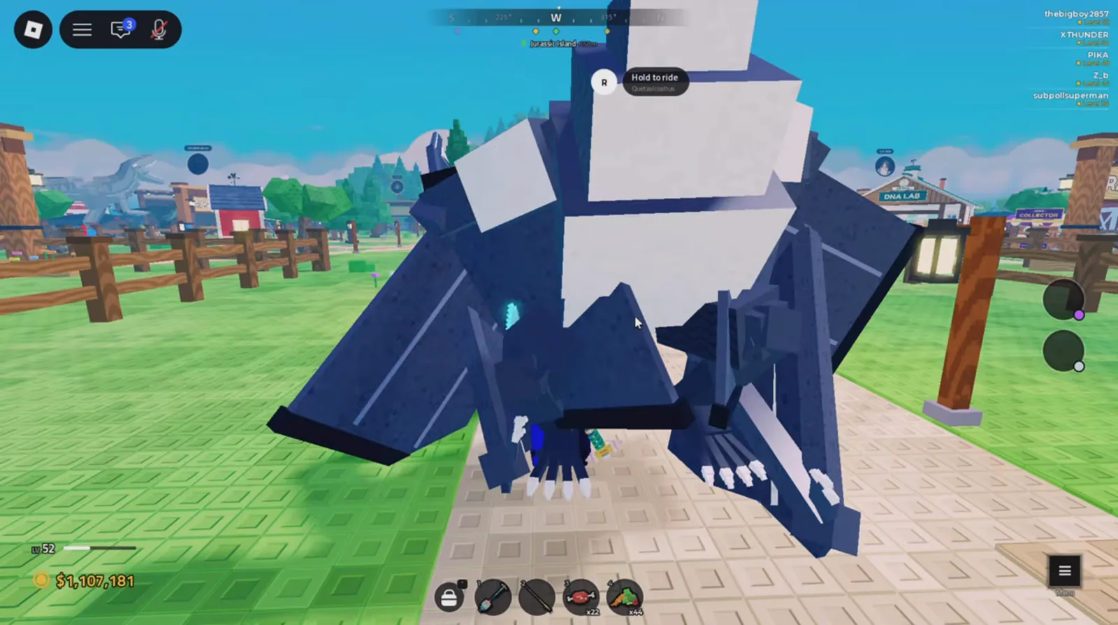 A flyer parked at home, ready to mount Prehistoric Farm flying dinosaur standing on the home island with the Hold to ride prompt above it in Update 1