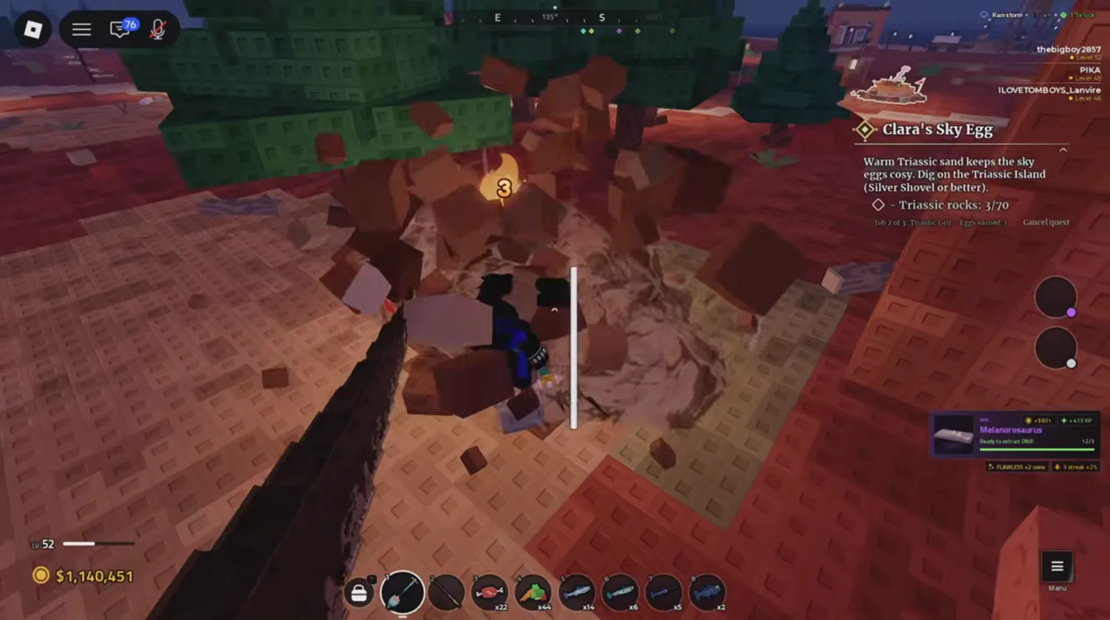 Seventy digs, and your future mount watches Digging the Triassic Island red rock cave with the flying dinosaur waiting nearby in Prehistoric Farm