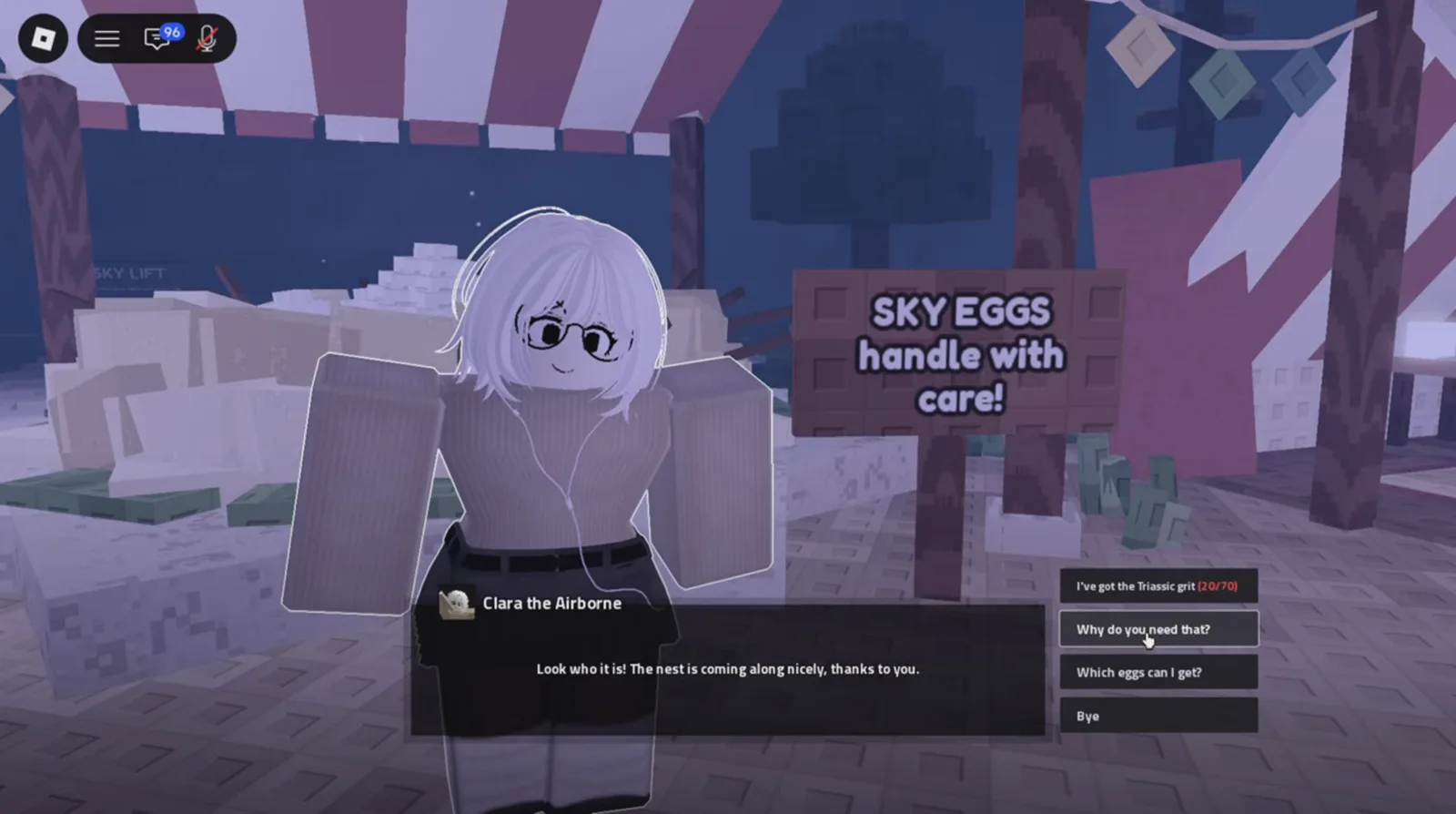 Back for another sky egg Clara the Adventurer dialog after a repeat Sky Spires quest run in Prehistoric Farm