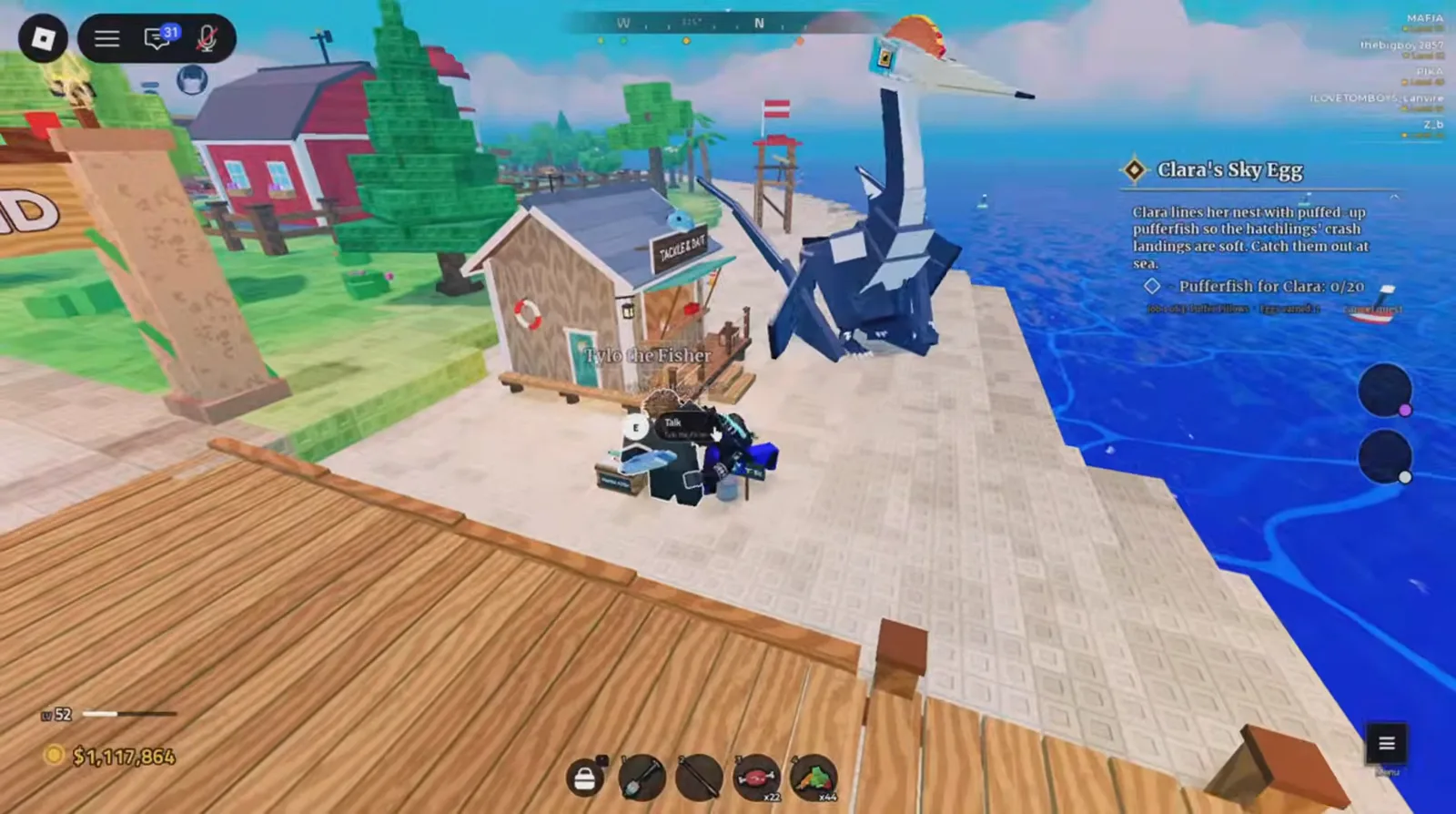 The quest tracker rides your screen Clara’s Sky Egg quest tracker listing the urchin fish delivery stage over the home island dock in Prehistoric Farm
