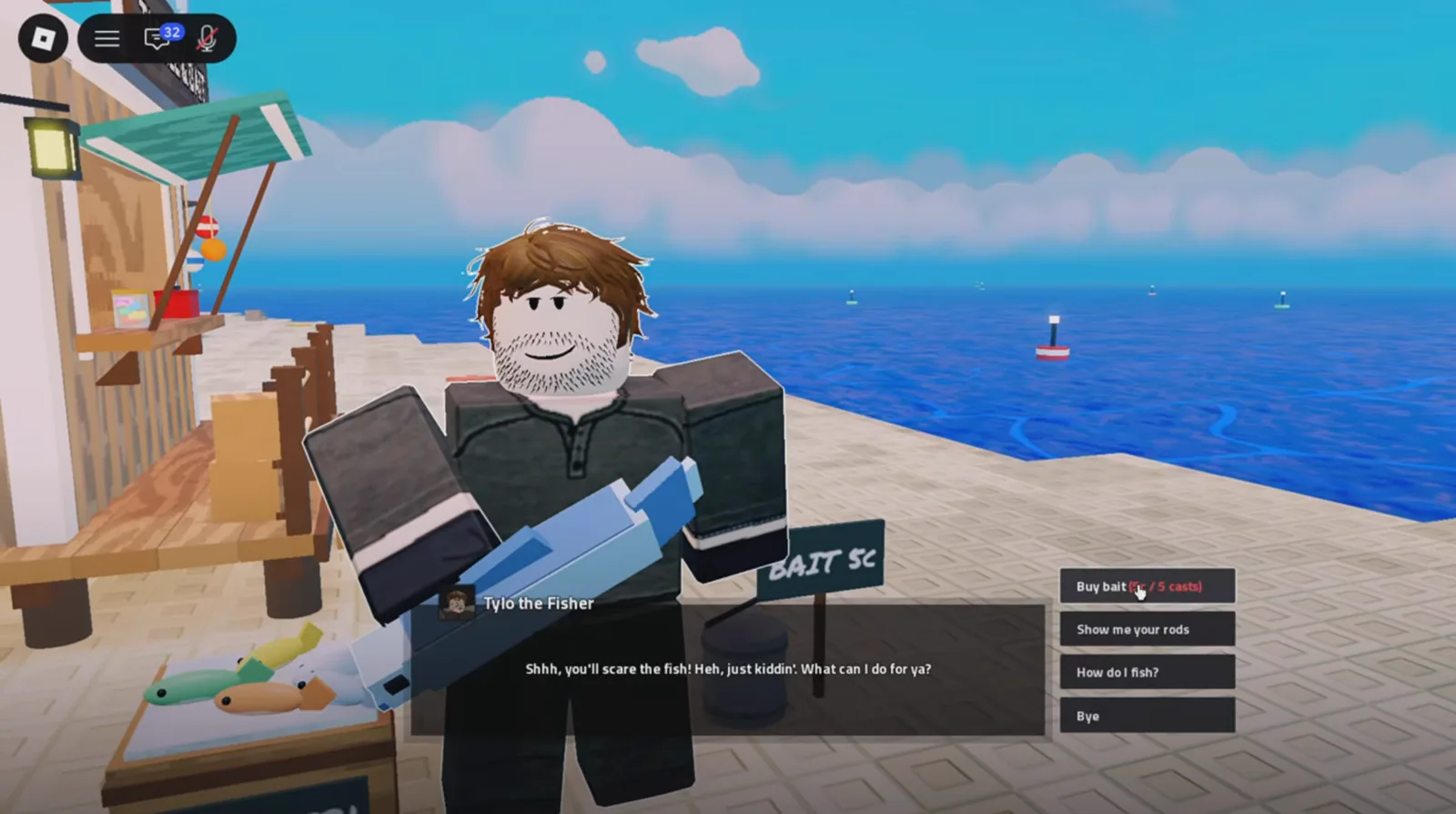 Tyler's dialog: bait first Tyler the Fisher dialog showing the Buy Bait and Show me your rods options on the home island dock in Prehistoric Farm