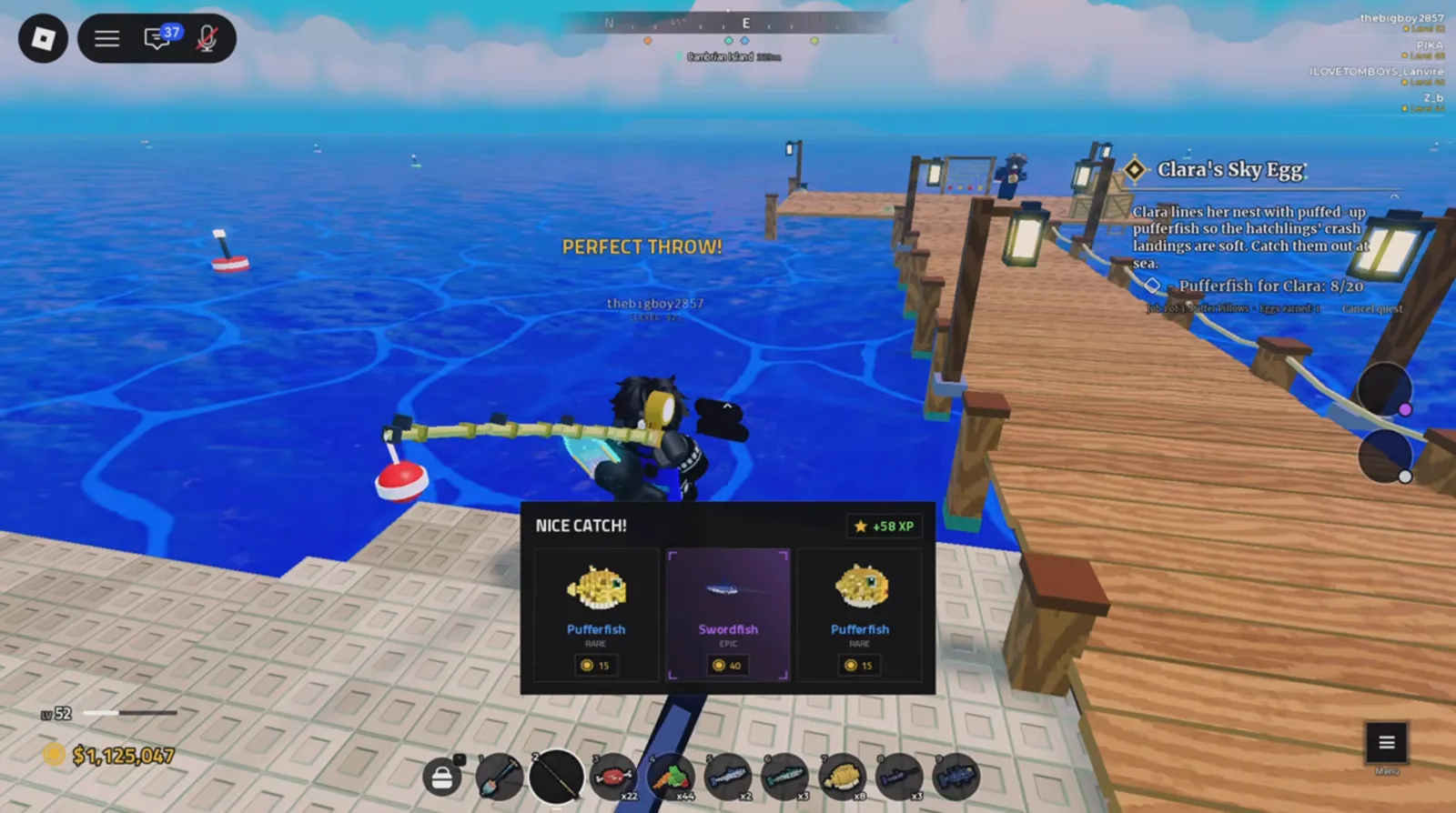 Urchin catches counting toward the twenty Nice catch screen showing urchin fish reward cards during the Sky Spires quest in Prehistoric Farm