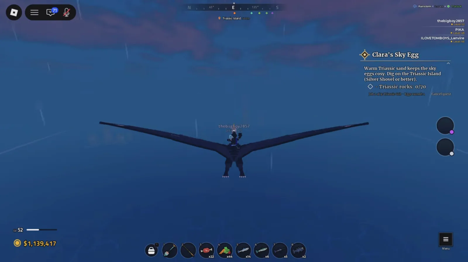 The flight leg between stages Player flying a pterosaur over open water with the Clara’s Sky Egg quest tracker visible in Prehistoric Farm