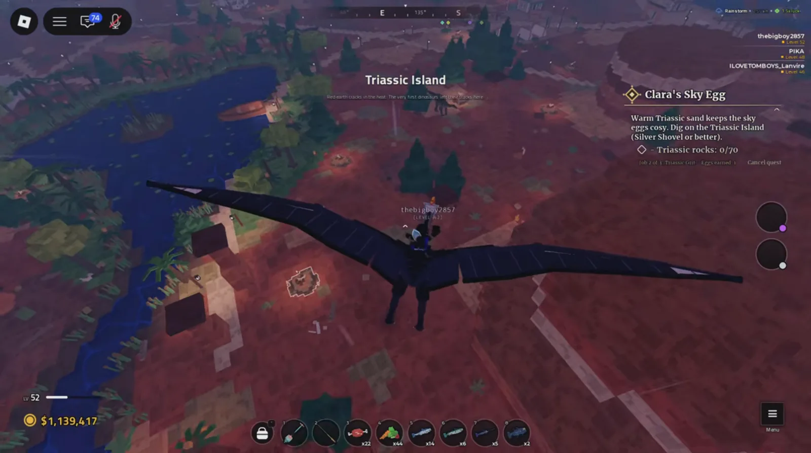 Arrival at Triassic Island Flying dinosaur soaring over Triassic Island’s red canyon terrain in Prehistoric Farm