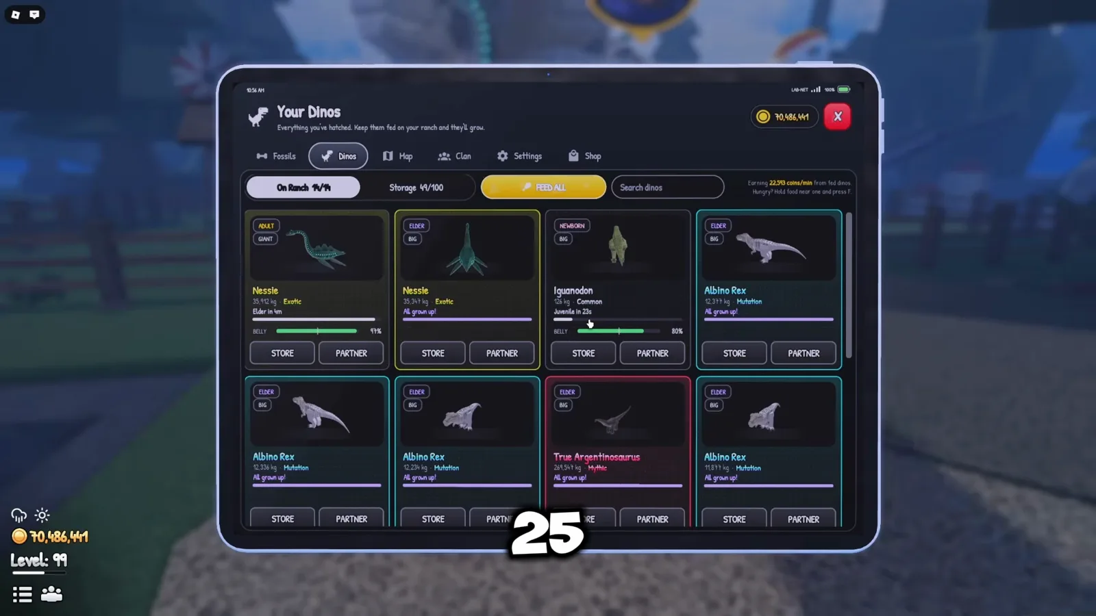 The test Iguanodon, one stage away from Juvenile in 21 seconds Newborn Iguanodon card in Prehistoric Farm showing Juvenile in 21 seconds while under the 4x growth potion and a 2x growth game pass