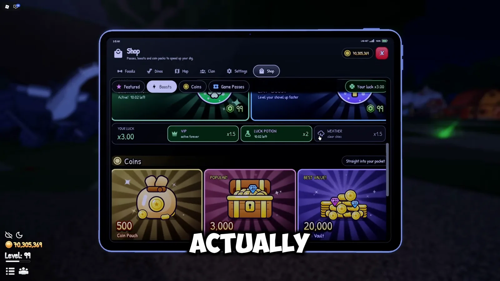 The x3.00 luck breakdown in the Boosts tab Prehistoric Farm boosts tab showing the x3.00 luck total made from the x2 luck potion and x1.5 VIP game pass multipliers with weather unused