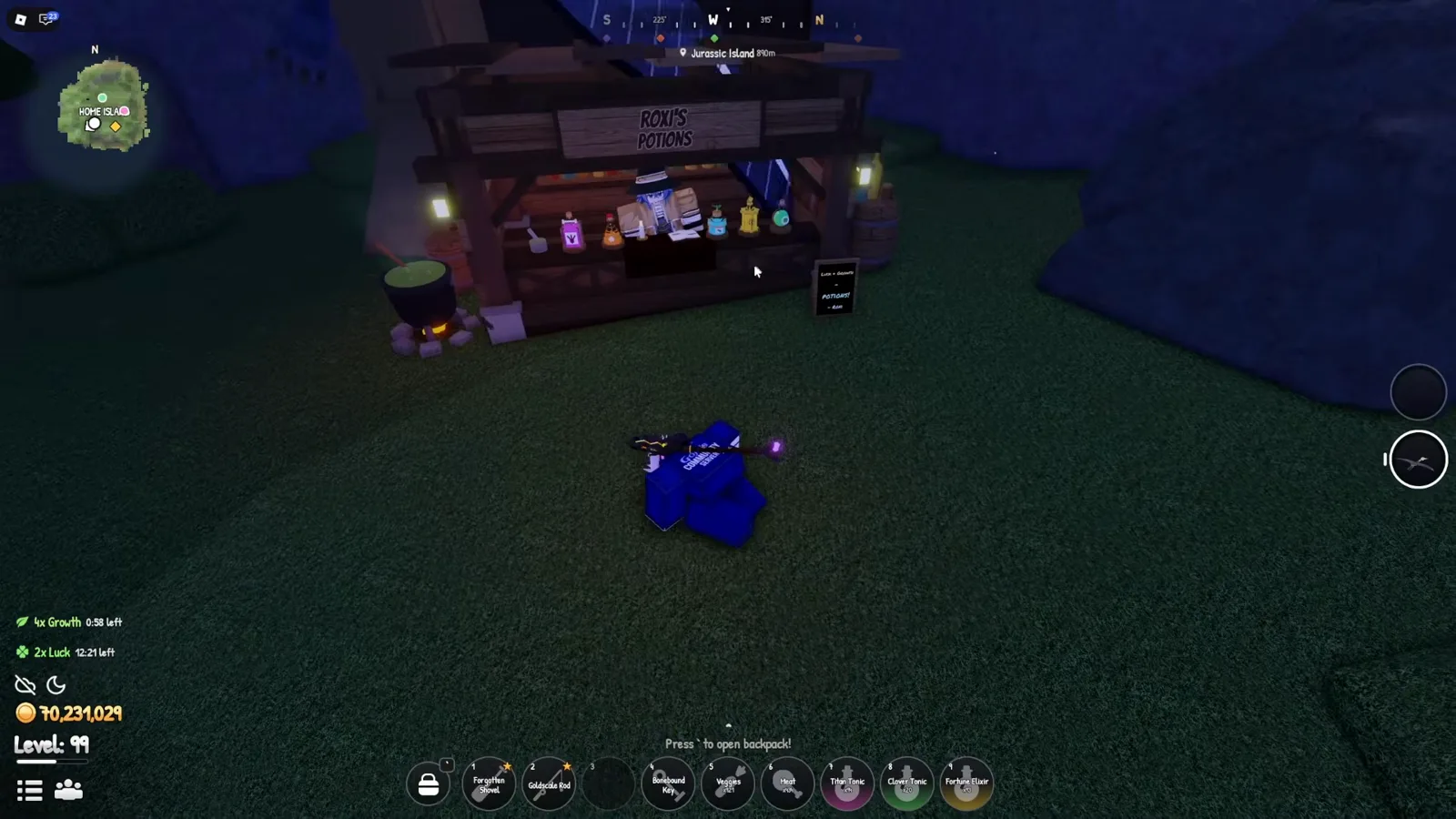 The Roxy's Potions stall, right next to the ranch Roxy’s Potions stall in Prehistoric Farm with its wooden storefront sign glowing at night beside the home island ranch
