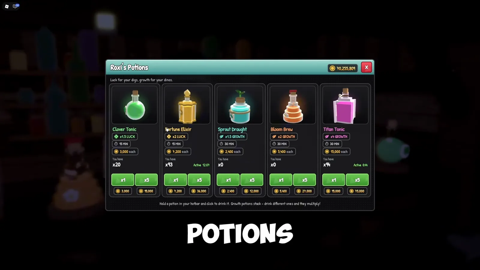 The full five-potion menu at Roxy's Potions Roxy’s Potions shop menu in Prehistoric Farm listing all five potions with their luck and growth multipliers, durations and coin prices