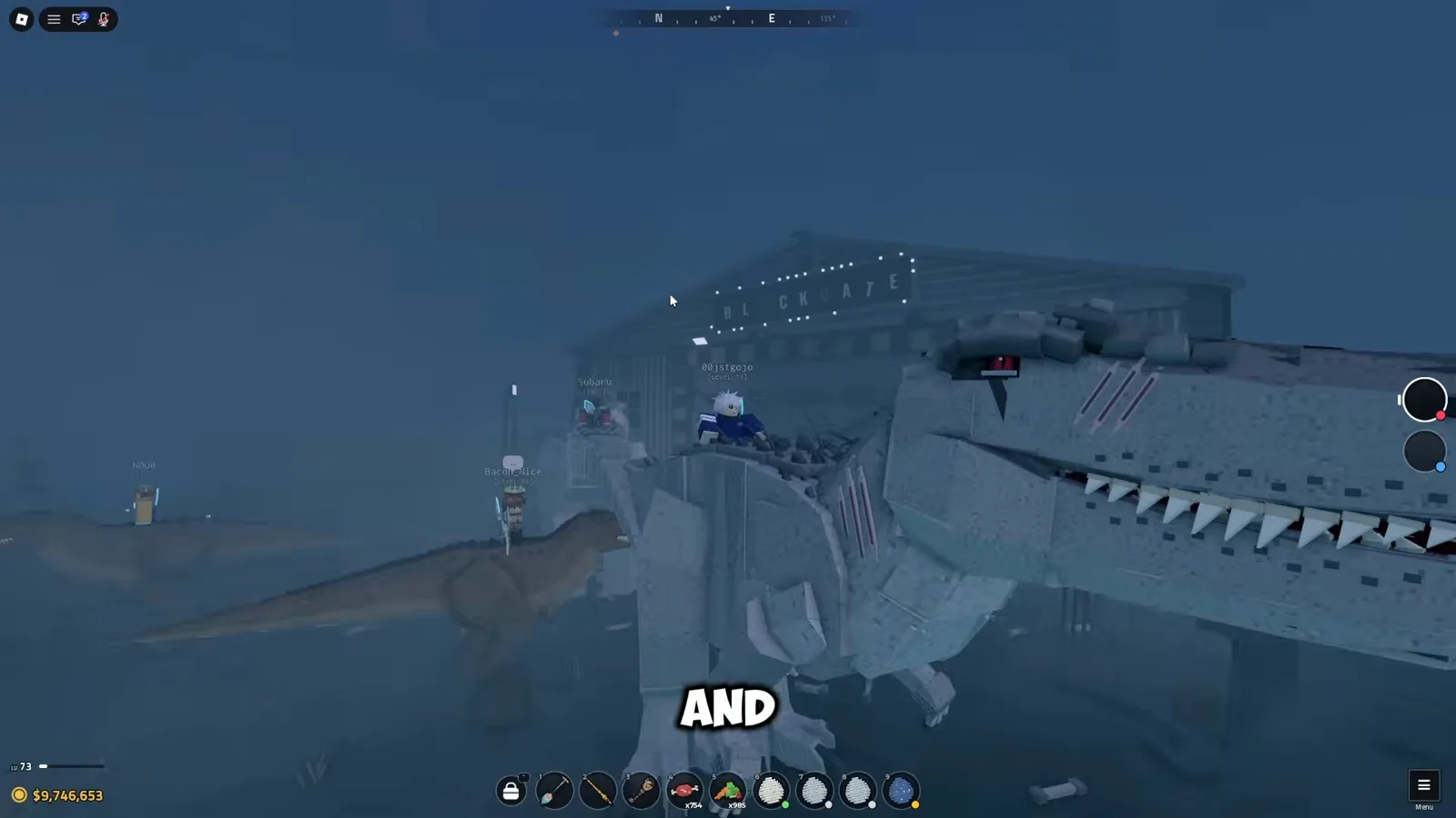 The Blackgate sign, with an Albino Rex in front Player riding the Albino Rex with red battle scars past the Blackgate building sign on the Raptor X island in Prehistoric Farm