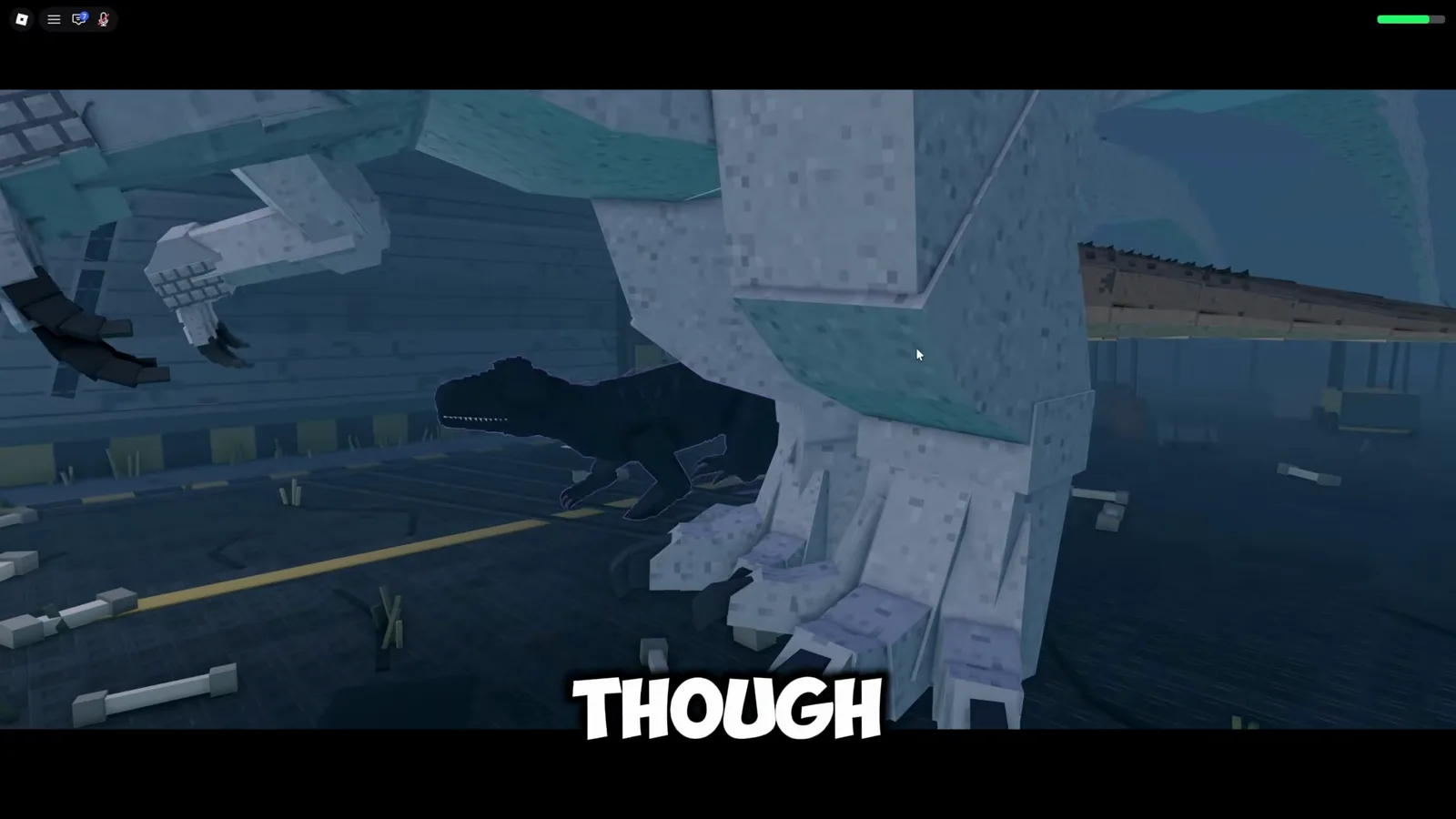 How small the defeated Raptor X is Defeated Raptor X boss lying on the ground next to a giant Albino Rex for scale in Prehistoric Farm